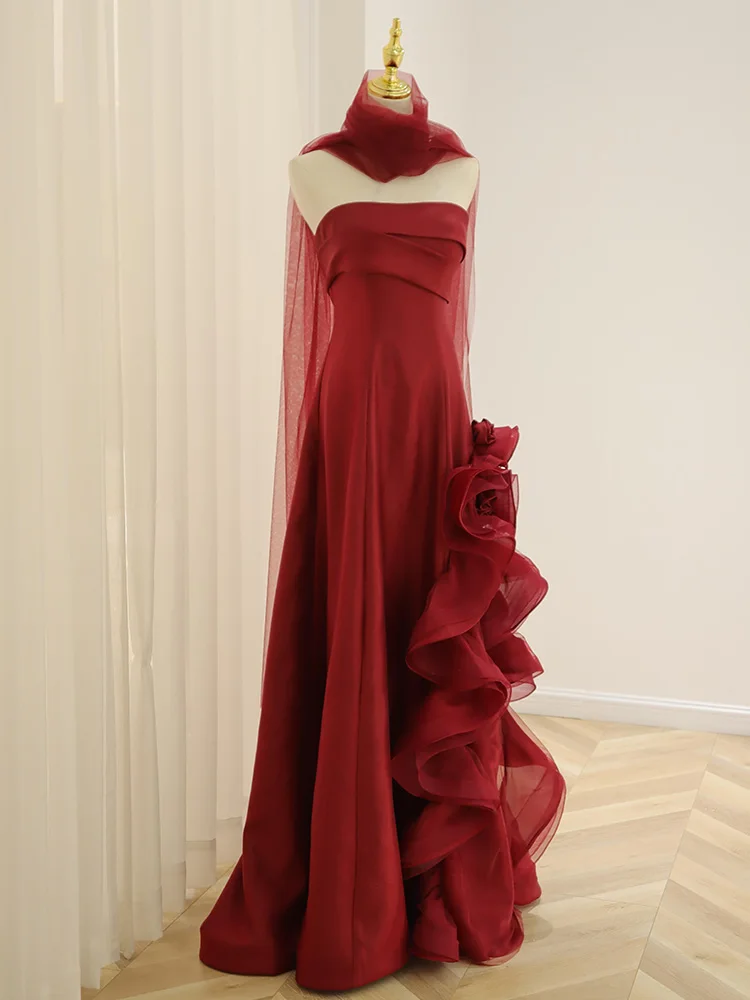 

Red Wedding Dr Evening Gown for Women Strapl Bridal Dr Long Skirt Simple Sle Handmade Flower Embelliment