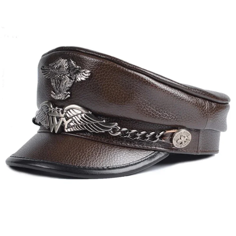 Unisex German Military Cap Man Genuine Leather Flat Top Hat Korean Fashion Eagle Mark Chain Punk Locomotive Casquette Male