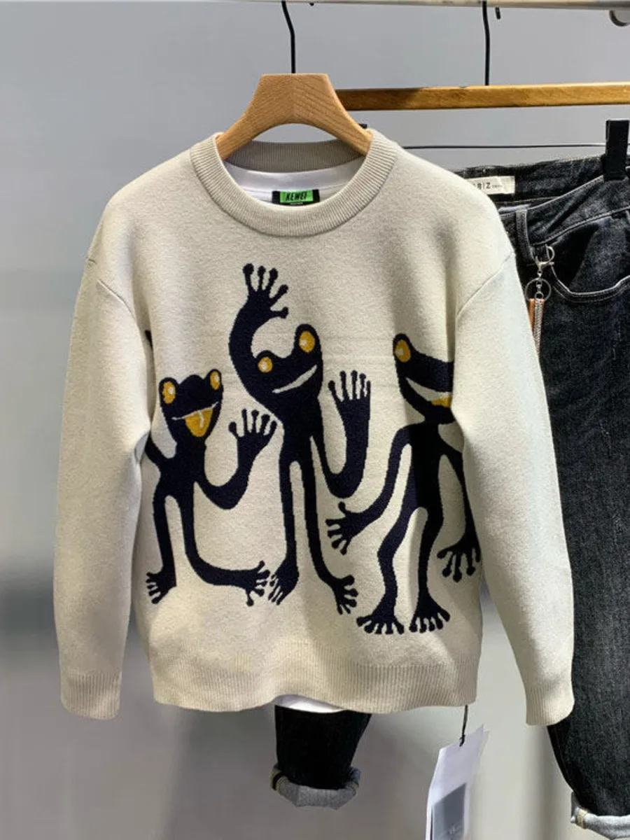 Personalized Cartoon Jacquard Round Neck Sweater Men Edition Trendy Autumn Winter Warm Knitted Sweater Pullover Top