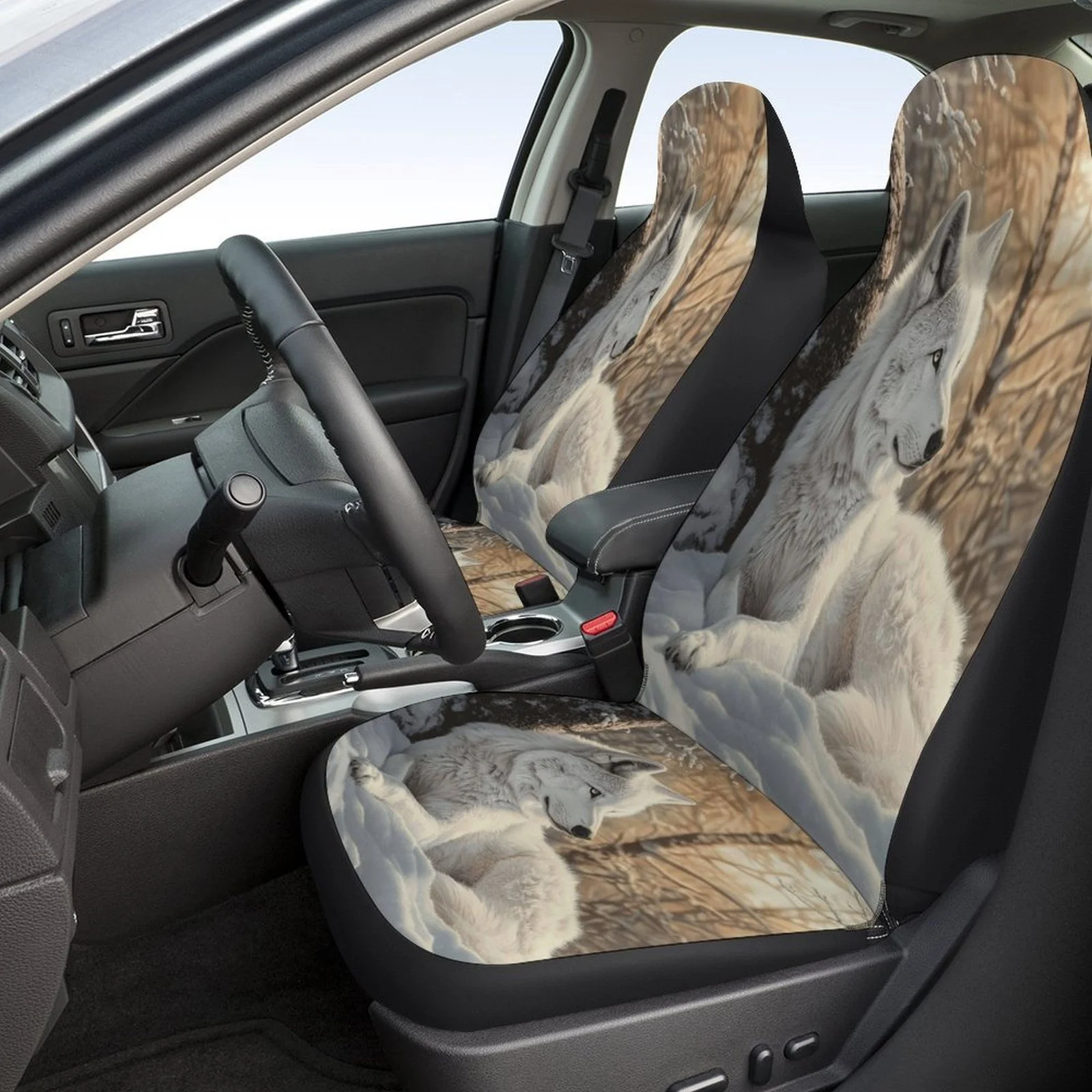 White Wolf In Snow Designed Car Seat Cover Set For Most Cars, Fashion Novelty Car Seat Protector Covers Full Set, Universal Car