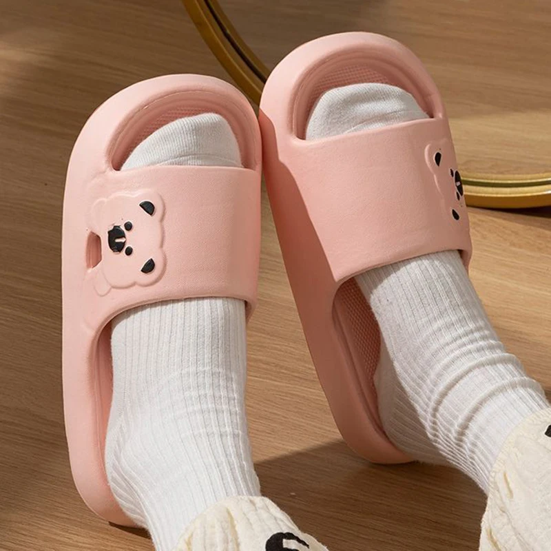 

Cute Cartoon Bear Non Slip Indoor Slippers Women 2026 Comfort Thick Bottom Home Slippers Couple Hollow Out House Bathroom Slides
