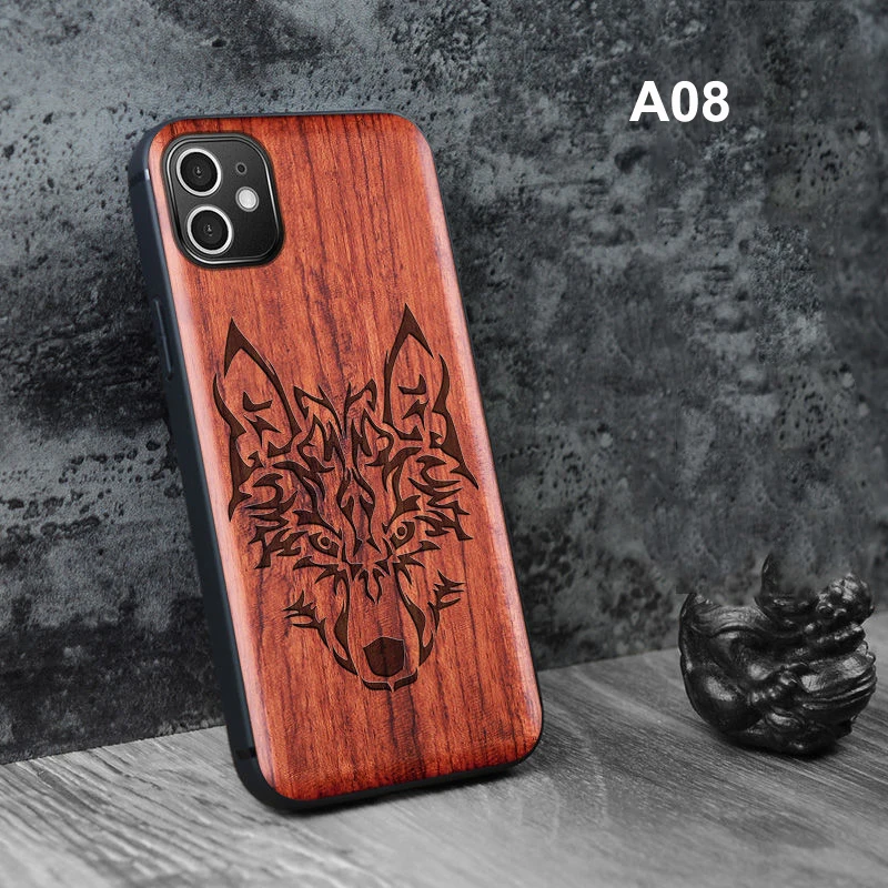 For iPhone 13 12 11 Pro Max Mini SE X XS XR 8 7 6s Plus Solid Wood Carving Protective Cover Allinclusive Emboss Wooden Fundas