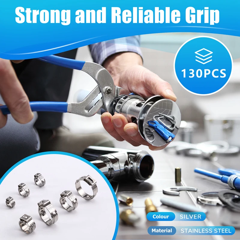 130PCS 5.8-21Mm Stainless Steel Hose Clamp Stepless Single-Ear Hoop Suitable For Pipe Connection