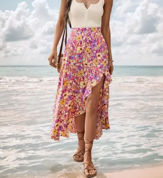 Summer Lace Up Slit Asymmetrical Ruffle Floral Skirt for Women 2026 Daily Clothing New Style Beach Female Casual Vacation Skirts