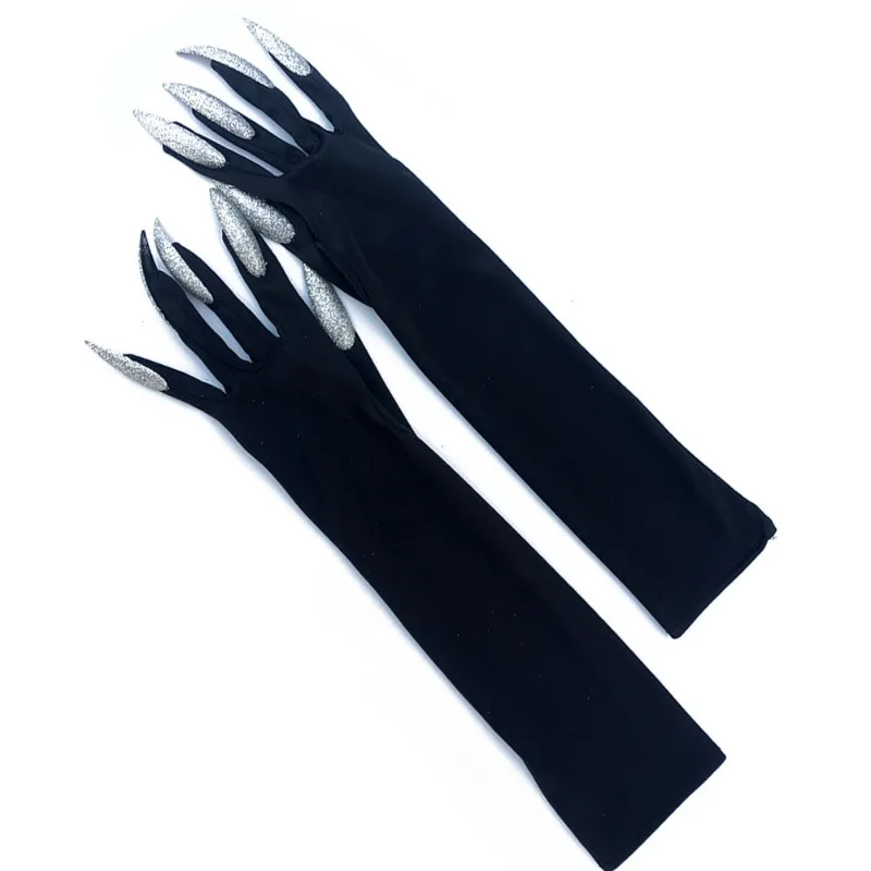 Halloween Witch Long Nail Ghost Cat Demon Paw Gloves Cosplay Black Elastic Satin Stage Performance Women Party Fashion Gloves