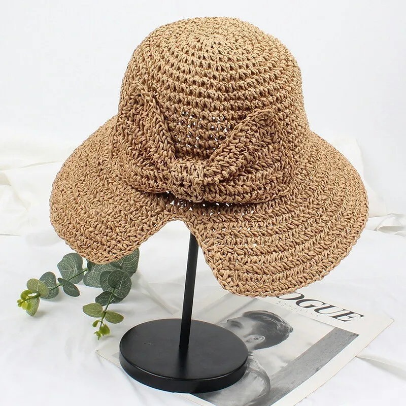 New hand-hooked hat for women solid color foldable vacation