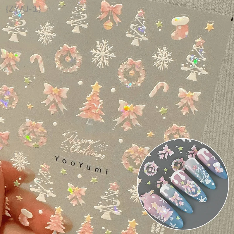 {MX} 5D geprägte süße Weihnachts-Nagelaufkleber, glänzende Muscheln, leichter Weihnachtsbaum, Schneeflocken, Nagelkunst-Abziehbilder, DIY-Maniküre-Dekoration