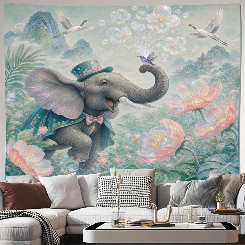 Whimsical Watercolor Elephant Tapestry Wall Decor Boho Floral Fantasy Nature Art Hanging for Bedroom Living Room