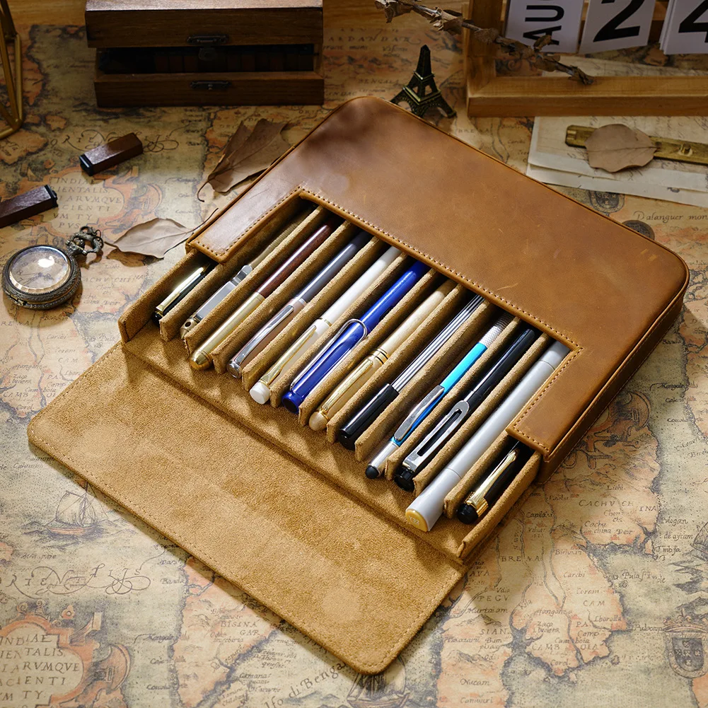 

New Leather Pen Box 12 Pieces Handmade Magnetic Suction Drawer Type Student Cowhide Pencil Bag Accommodation School Suppl
