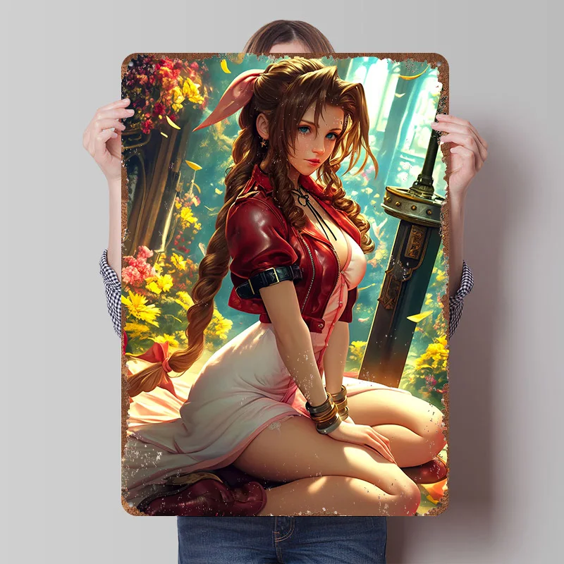 Aerith Gainsborough in a Floral Setting Tin Poster Customized Wall Art Retro Vintage Metal Signs for Fans Room Home Decorations