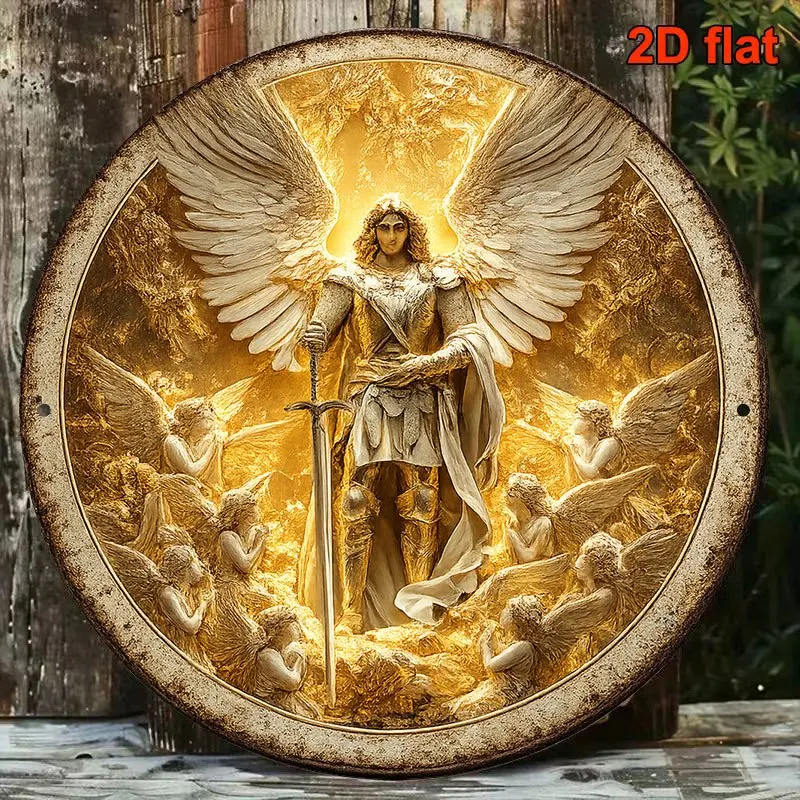 Round Rivet Frame Metal Tin Sign Golden Angel Warrior Print Wall Decor, Non LED 2D Flat Metal Plaque For Christian Church Home