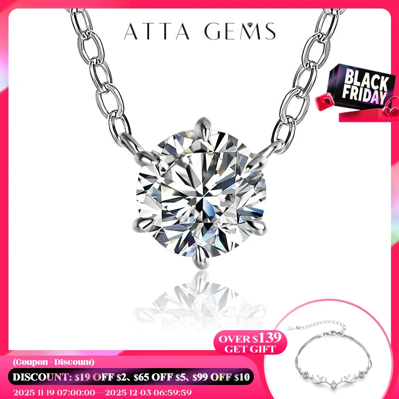 

ATTAGEMS 925 Silver Necklace Pendant Round Cut 1.0ct D Color White Moissanite Pass Diamond Test for Women Elegant Necklace