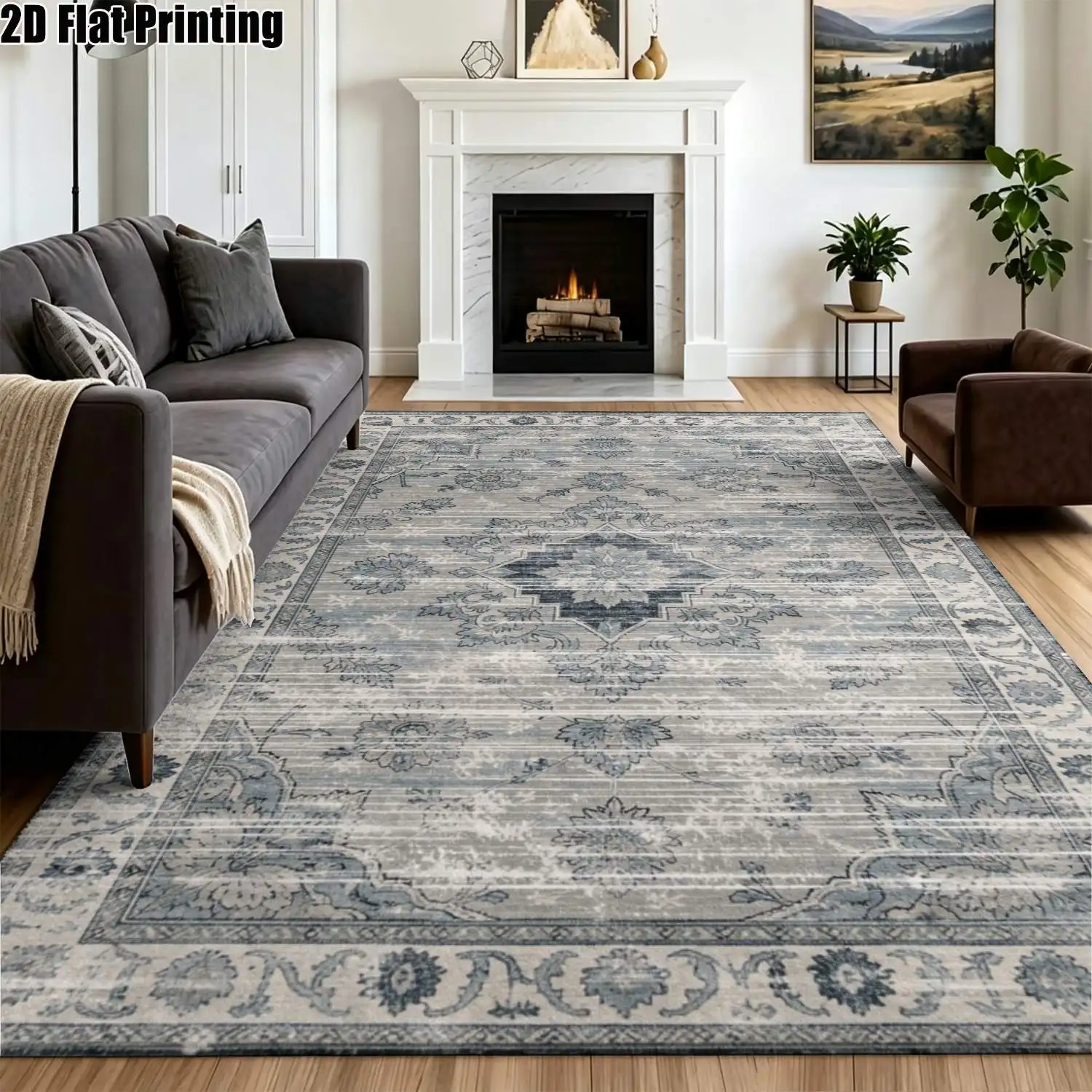 1Pc 2D Printed Vintage Scroll-And-Flayer Gold Carpet, Suitable for European/Retro Decor, Multi-Scene Use, Machine Washable, Multiple Sizes