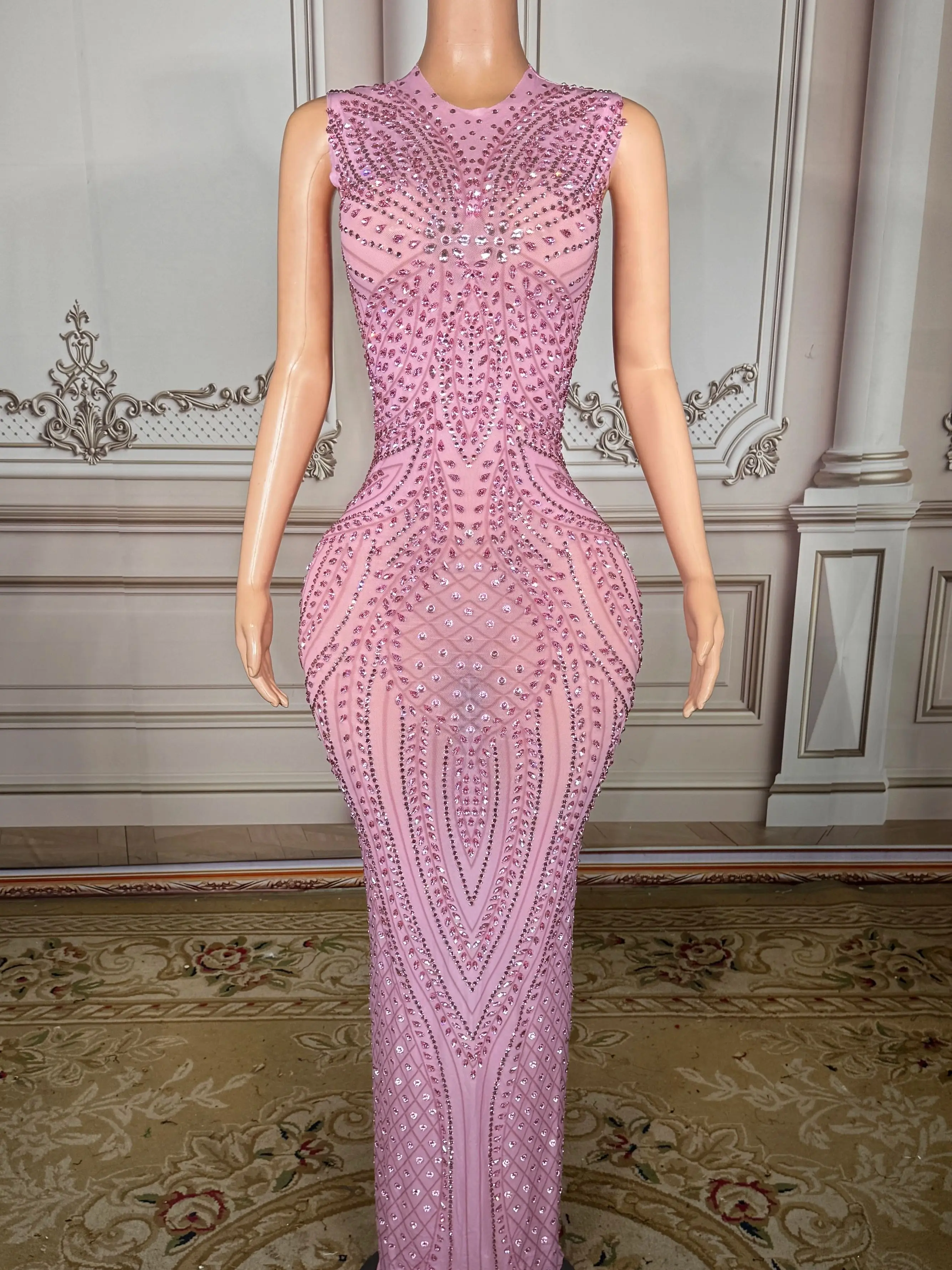 

ZD Luxury Pink Rhinestone Prom Dress Sexy Sleeveless Round Neck Nude Mesh Mermaid Evening Gown Sparkling Crystal Birthday