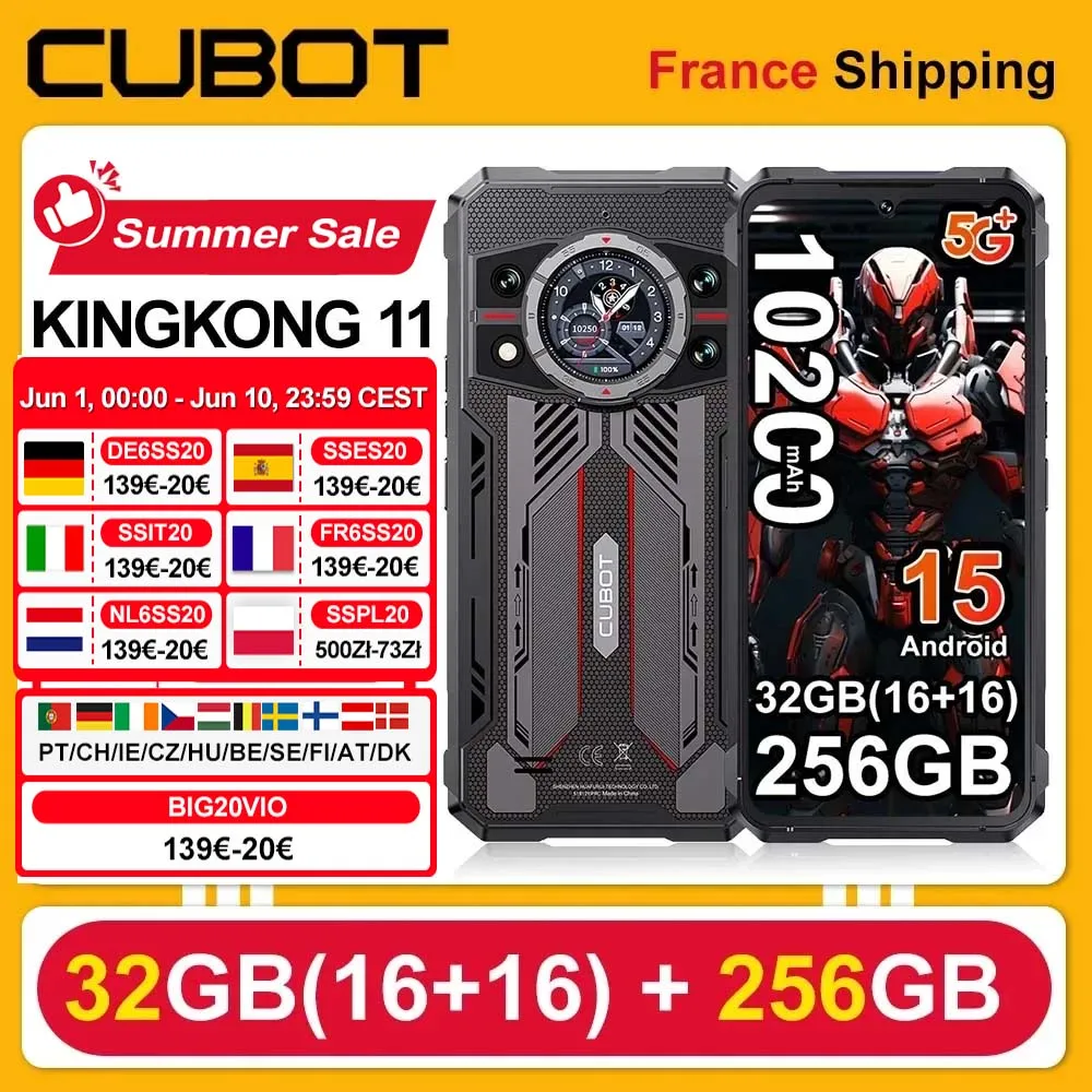Cubot KingKong 11 Smartphone 5G 10200mAh 33W 32GB(16+16)+256GB 108MP+32MP+24MP+8MP 6.72'' FHD+ IPS Téléphone mobile NFC/GPS Android 15