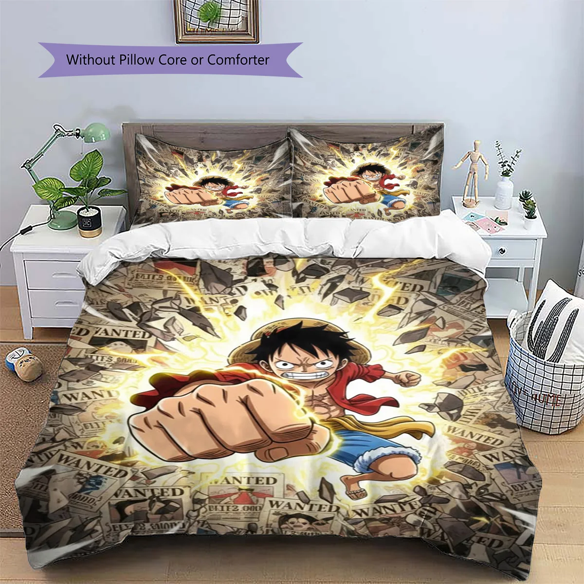 Luffy Patterned Pillowcase & Duvet Cover Set Bedroom Unique Printed Bedding with Anime Theme Wonderful Gift for Lovers.-TING