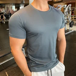 Summer Men Running Short sleeve T-shirt Spandex Quick dry Round collar t shirt Gym Fitness Bodybuilding jogging elastic Clothing