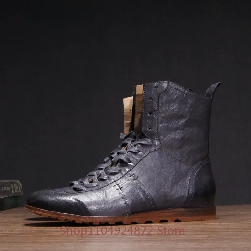 Handmade Boxing Boots Men's High Top Sports Shoes Male Genuine Leather Outdoor Lace Up Flat Comfortable Cowhide Oxford Boots