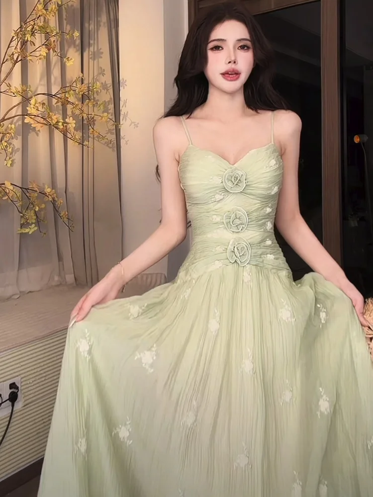 

Syxatn Summer Floral Pleated Waist Cinching Vacation Women's Dress Gentle Breeze Style A-Line Long Sleeveless Gown
