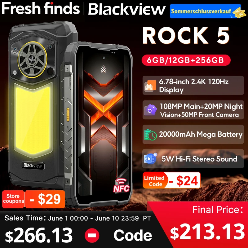 【World premiere】Blackview ROCK 5 Rugged phone 6.78'' 2.4K 120Hz Display Camping Lantern 108MP Camera NFC 20000mAh Cellphone