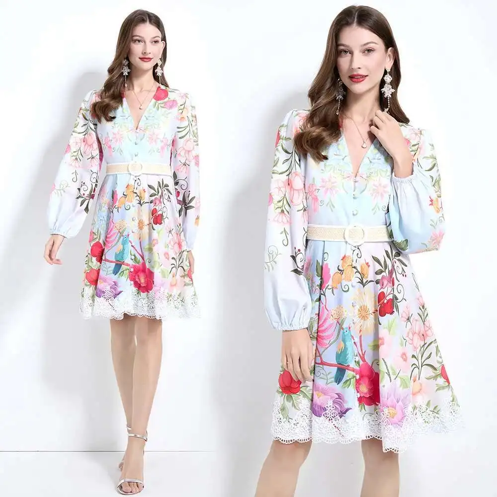 Luxury Floral Dress Women 2025 Summer Holiday Printed Flower Short Dresses Party Single Breasted Lace Hem Evening Vestidos