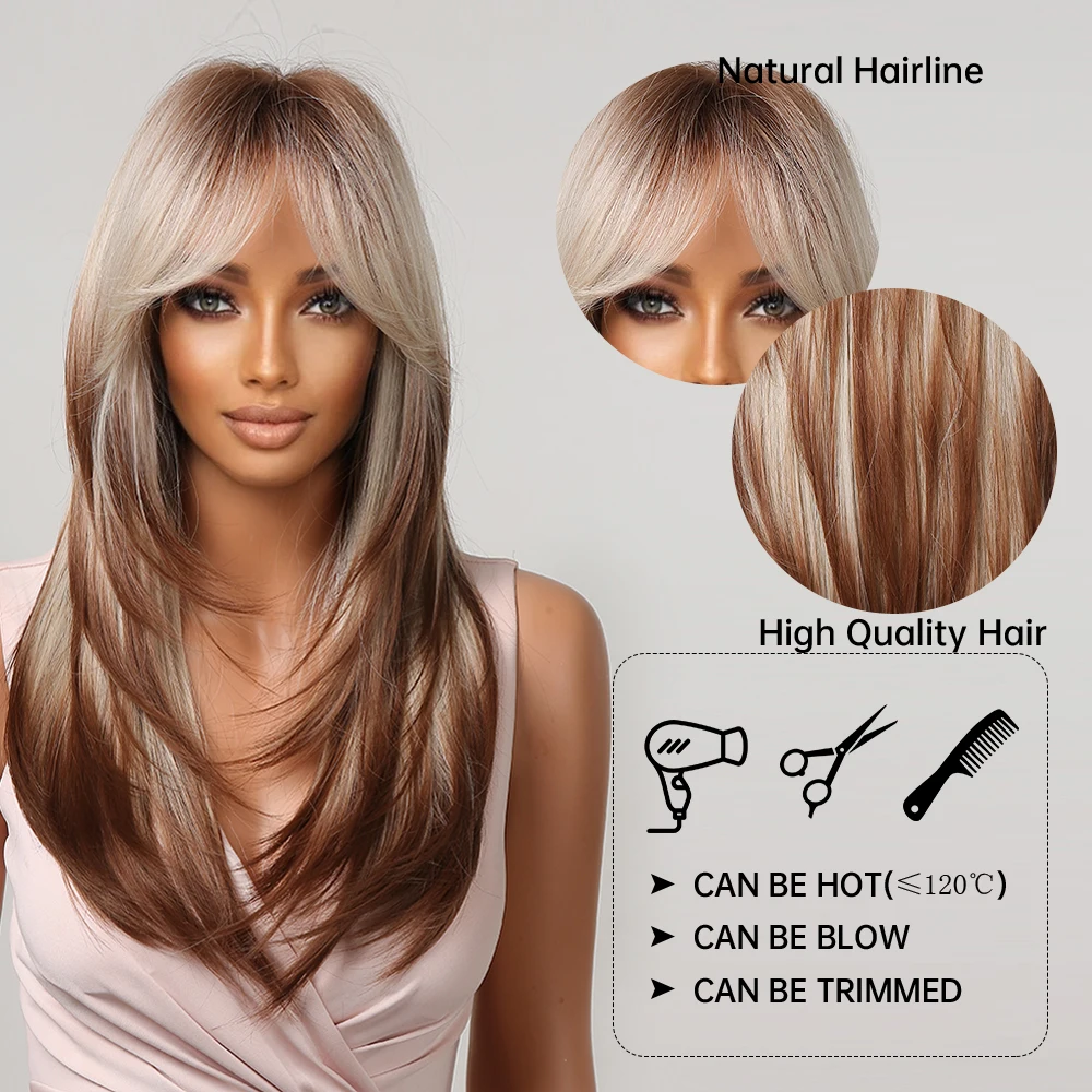 Pelucas sintéticas largas y rectas en capas para mujeres negras, color marrón, Balayage degradado con flequillo, disfraz de Cosplay, resistente al