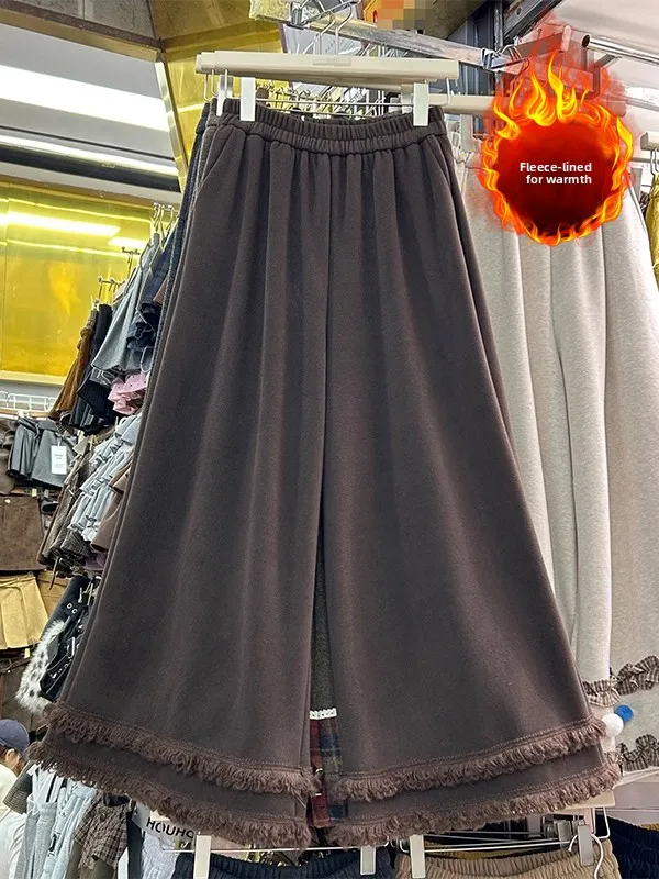 Fall Winter New Sle Tassel  Patchwork Casual Wide Leg Pants plus Size Women's Slimming Simple Fce Lined Warm Trousers