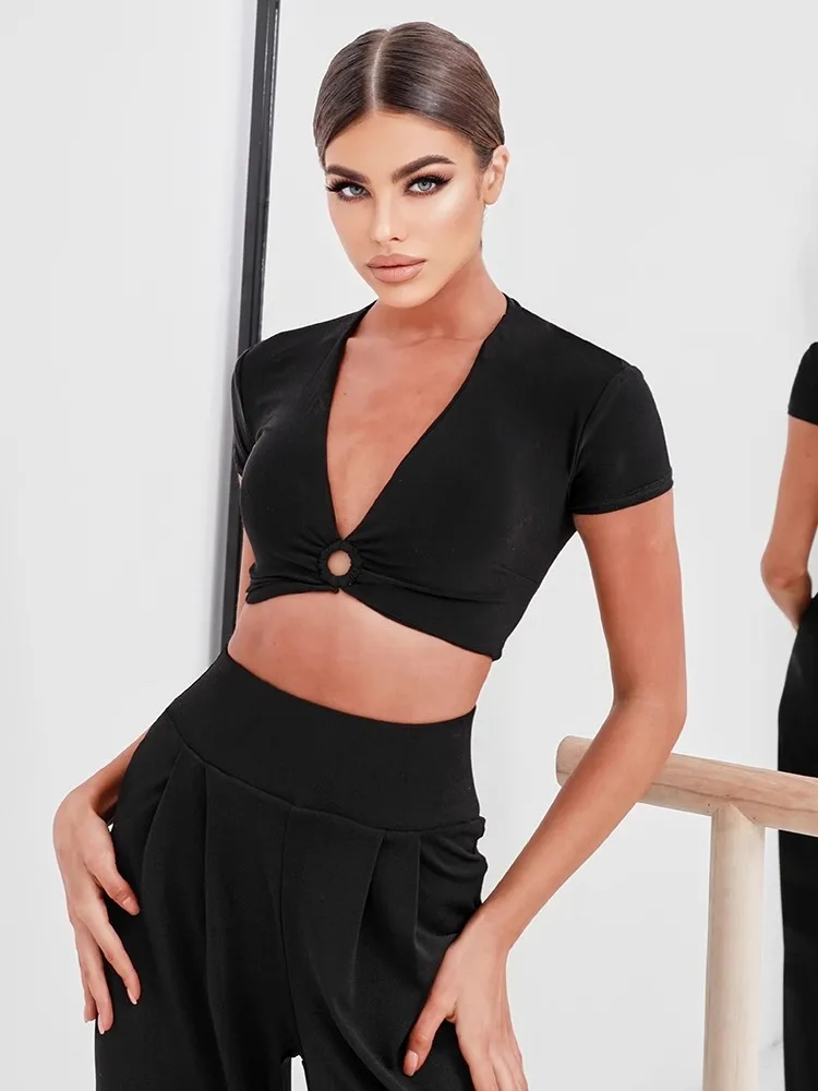 Summer Lady's Latin Dance O-Ring Top Wear Deep V Neckline Open Back with X Shape Elastic ZYM dancestyle Ondine Crop Top #2155