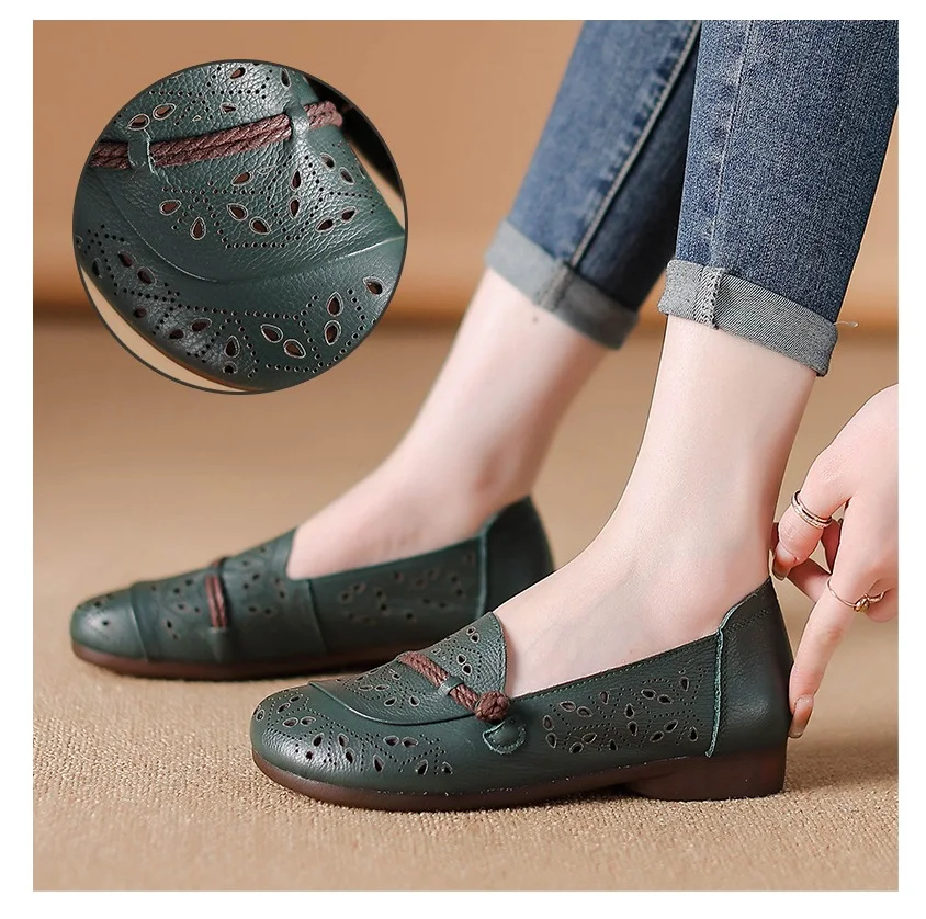 2024 New Retro Ballet Flats Shoes Womens Summer Slip On Loafers Woman Leather Moccasins Hollow Out Office Flat Shoes Ladies