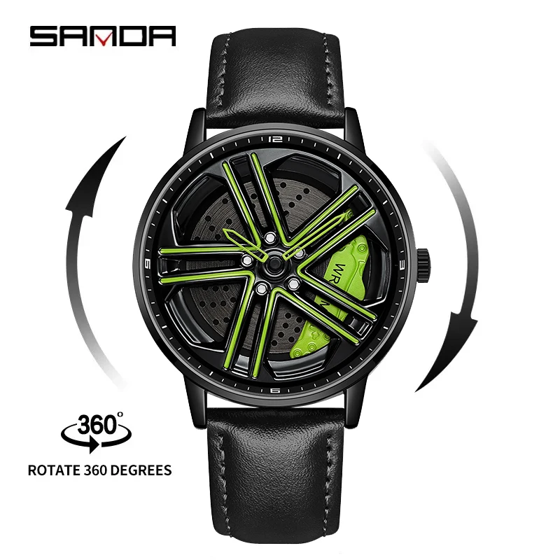 SANDA P1090 Sports Car Men Watch 2023 New Leather Waterproof Rim Hub Wheel Quartz Wristwatches Men\'s Watches Relogio Masculino