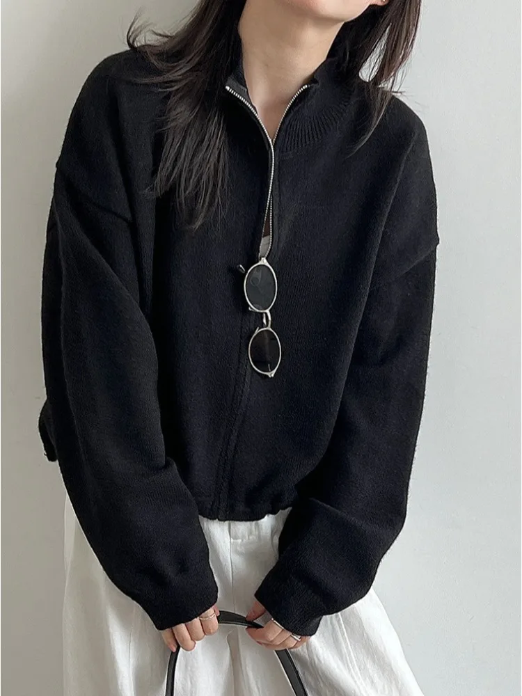 LIinar Women's Stand-Up Collar Zipper Drawstring Knit Sweater 2026 Fall Korean-Style Cardigan Versatile Sweatshirt Jacket