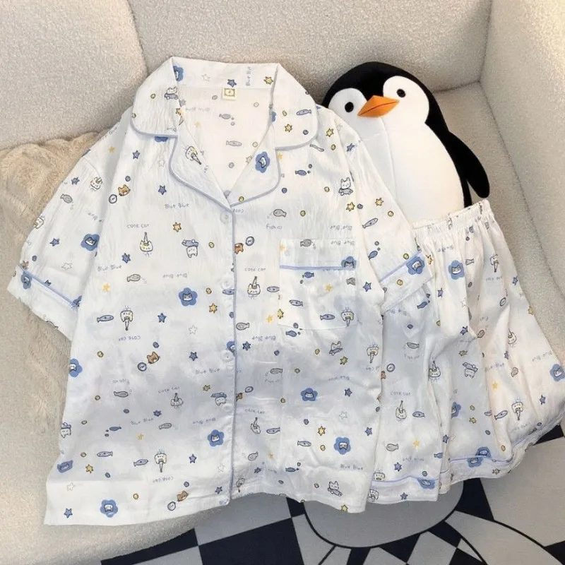 

Summer Cute Cartoon Cat Women's Sleepwear Set Y2K Home Clothes Two Piece Set Thin Sweet Casual Short Sleeve Shorts