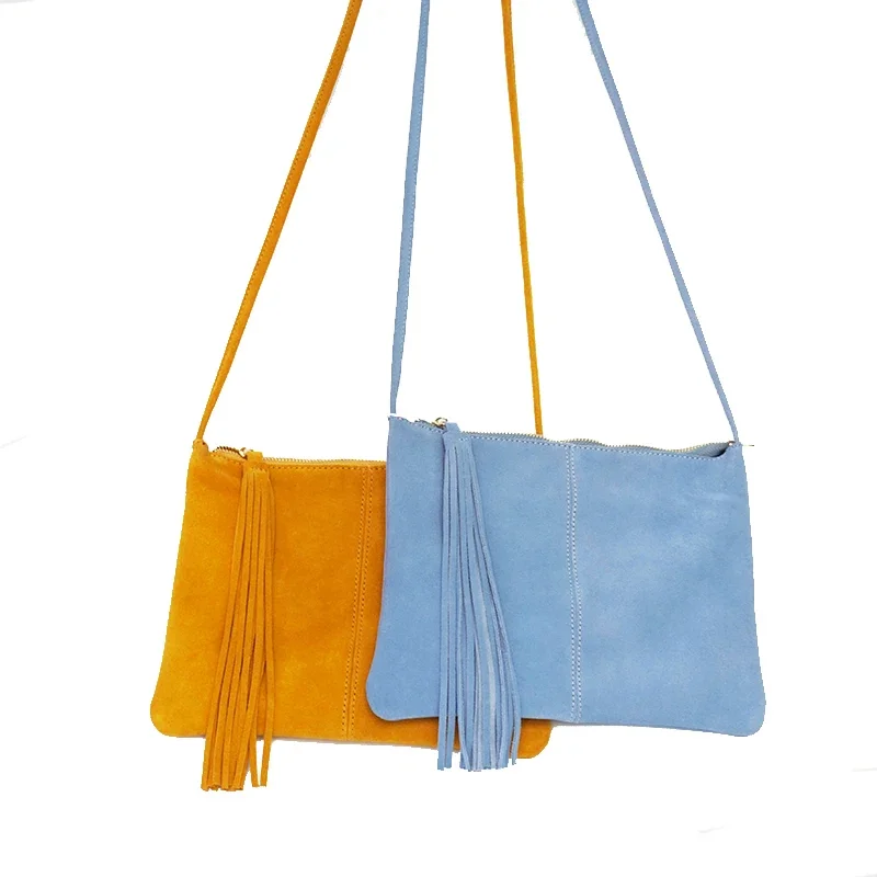 Suede Leather Fringed Shoulder Bag Female Envelope Small Crossbody Bag Women Nubuck Genuine Leather Mustard Clutch Sling Bag