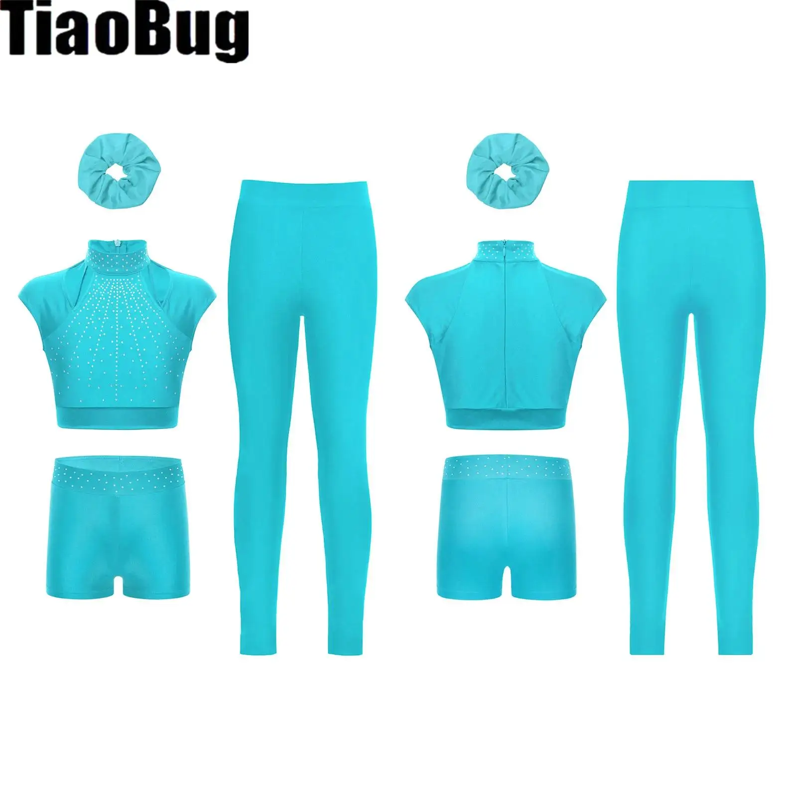 

Kids Girls Shiny Dance Outfits Cutout Rhinestones Crop Top with Shorts Leggings Hairband for Gymnastics Figure Skating