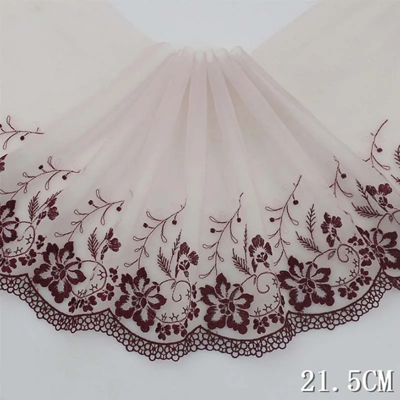 1Meter Exquisite Pink Mesh Flower Embroidered Lace Fabric Trim Ribbons DIY Sewing Handmade Materials 21.5cm Width