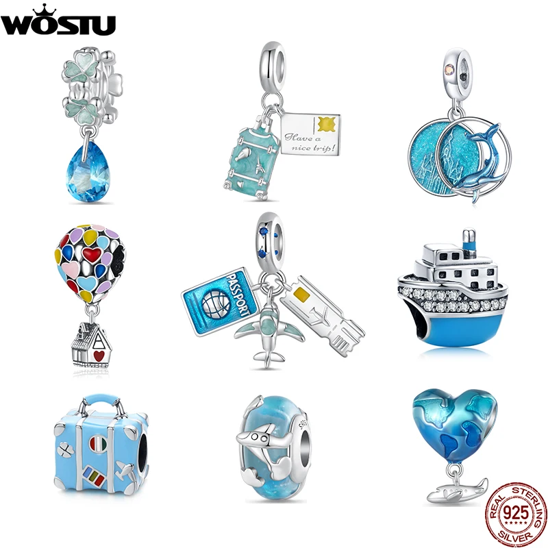 

WOSTU 925 Sterling Silver Travel Blue Earth Airplane Charms Cruise ship Beads Hot Air Balloon Pendant Fit DIY Bracelet Necklace