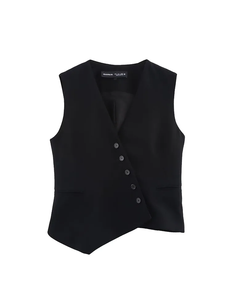 

Women Summer Vests Coats 2025 Fahsion Solid V-Neck Asymmetric Waistcoat Female Elegant Street Vest Clothing