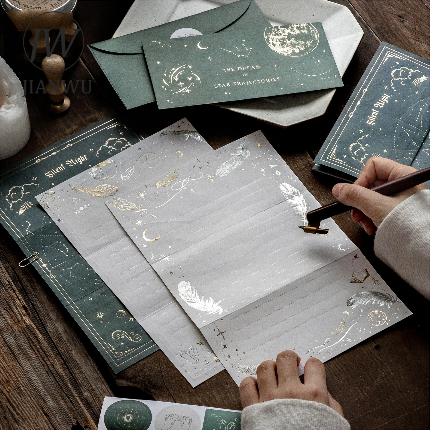 

JIANWU Star Moon Poetry Collection Series Vintage Relief Landscape Material Collage Envelope Set Creative DIY Journal Stationery
