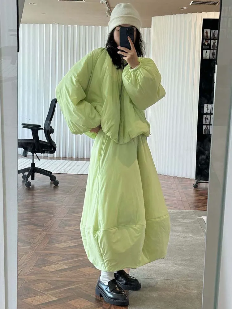 High street Women's Batwing sleeve jacket Padded coat And High waist Long skirt 2025 New Fluorescent Green Outwear INKEO 4O113