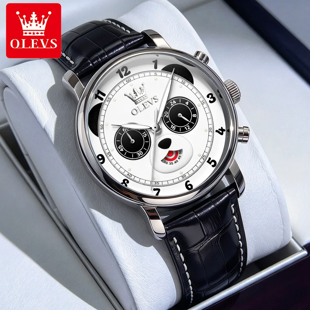 OLEVS Men's Watches Personality Panda Dial Leather Strap Original Quartz Wristwatch Waterproof Luminous Chronograph New Fashion