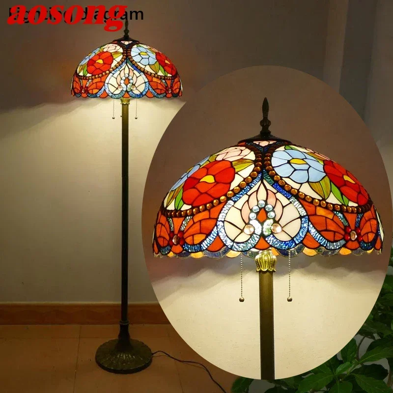 

AOSONG Tiffany Floor Lamp American Retro Living Room Bedroom Lamp Country Stained Glass Floor Lamp