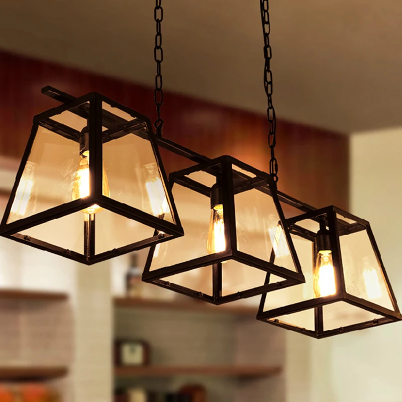 LOFT Vintage Industrial Wind Glass Frame Iron Art Pendant Lamp Restaurant Bar Cafe Internet Bar Black Three Head Pendant Light