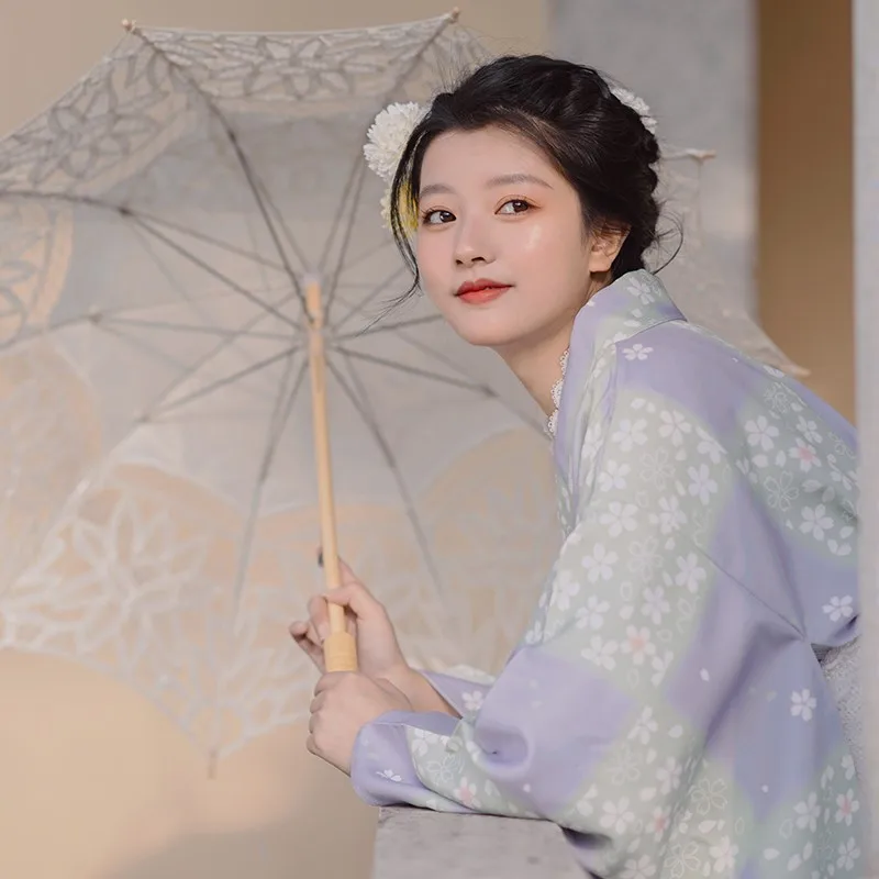 Albornoz de estilo japonés, Kimono Retro Para niña, fotografía de viaje, flor de cerezo a cuadros