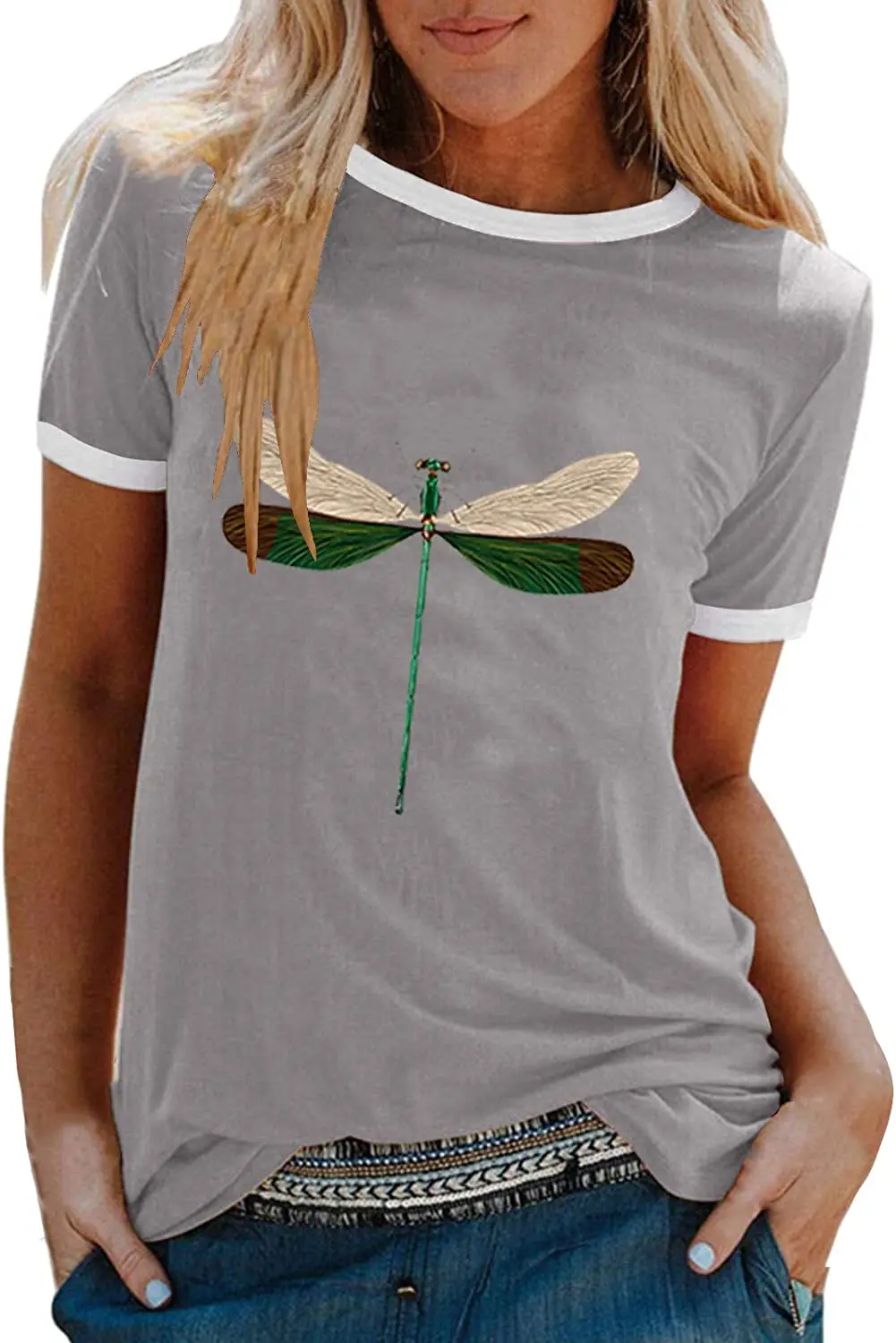 

Summer New Women's Round Neck Top Short Sleeved T-Shirt 3d Dragonfly Print Casual Cute Versatile Clothes European Size Me15