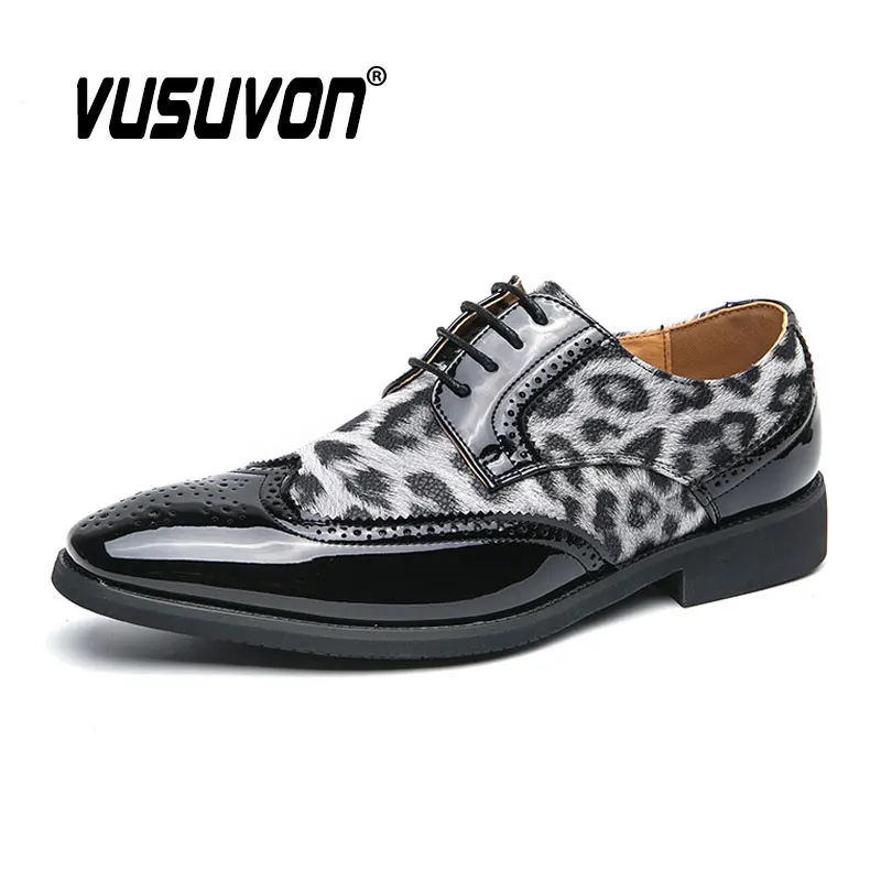 Men Derby Shoes Leopard Print Fashion Dress Classic Black Loafers Causal Business Footwear For Party Big Size 38-48