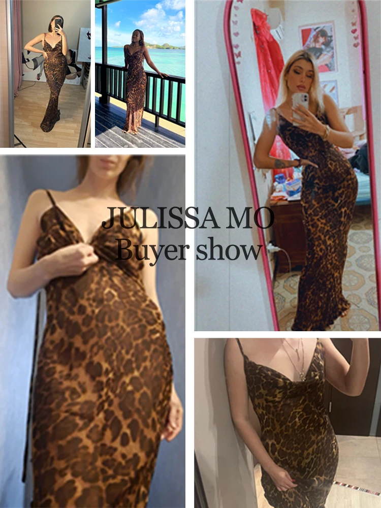 Julissa Mo-Vestido feminino com estampa leopardo com decote em v, bodycon sexy, renda, vestidos de verão sem costas, alças femininas, vestido de