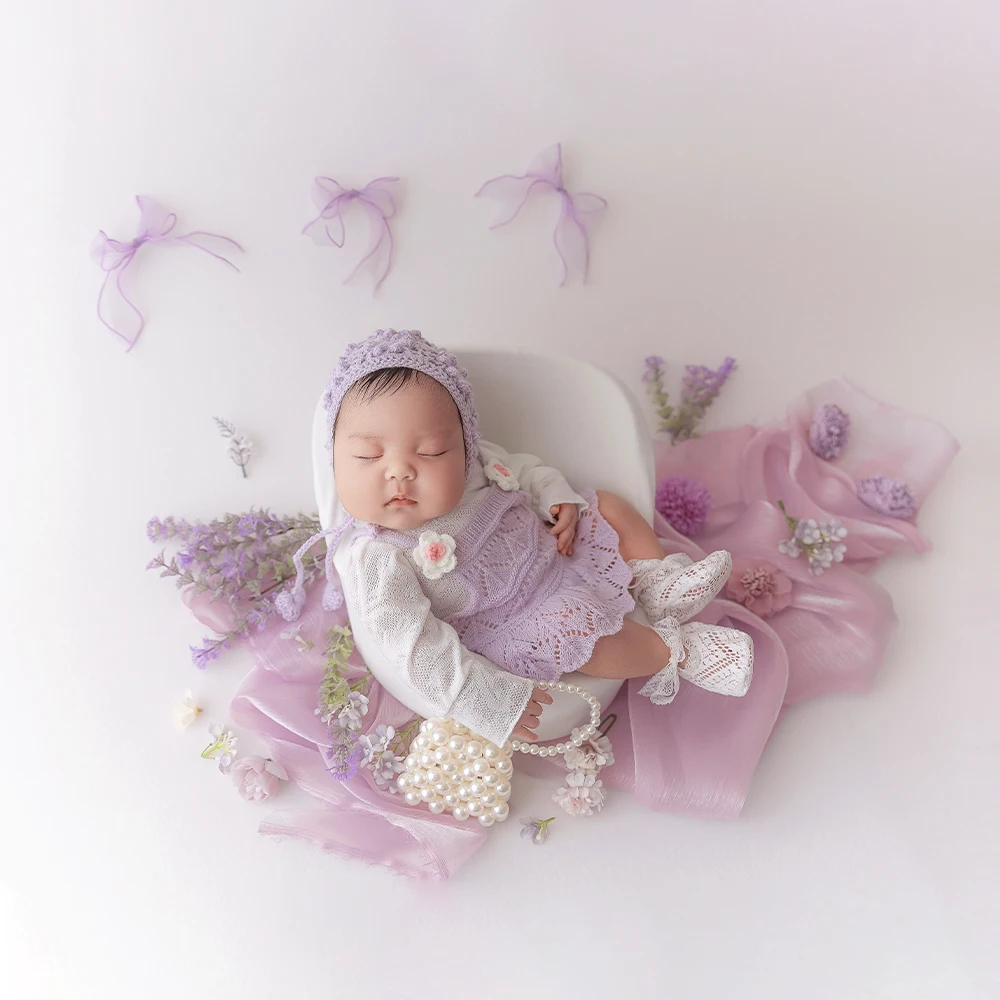 Newborn Photography Purple Theme Knit Hat + Skirt Simulation Flowers Props Pearl Bag Ladylike Style Infants Creative Photo Props