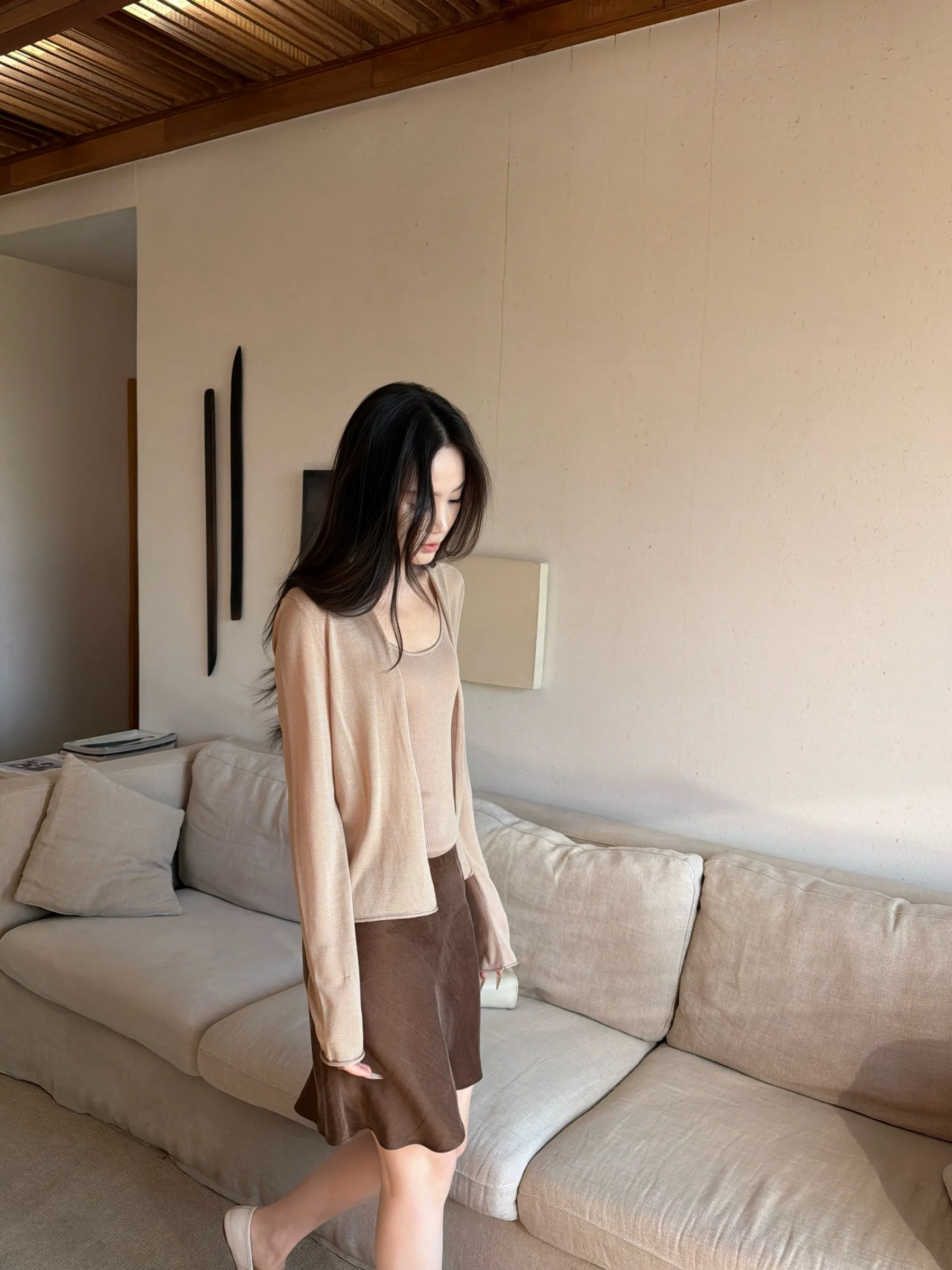 

5werkwen French Holiday Transparent Set Acetate Lyocell Lin ort Open Cardigan Vest Two-Piece Set Women's Knitted Wear