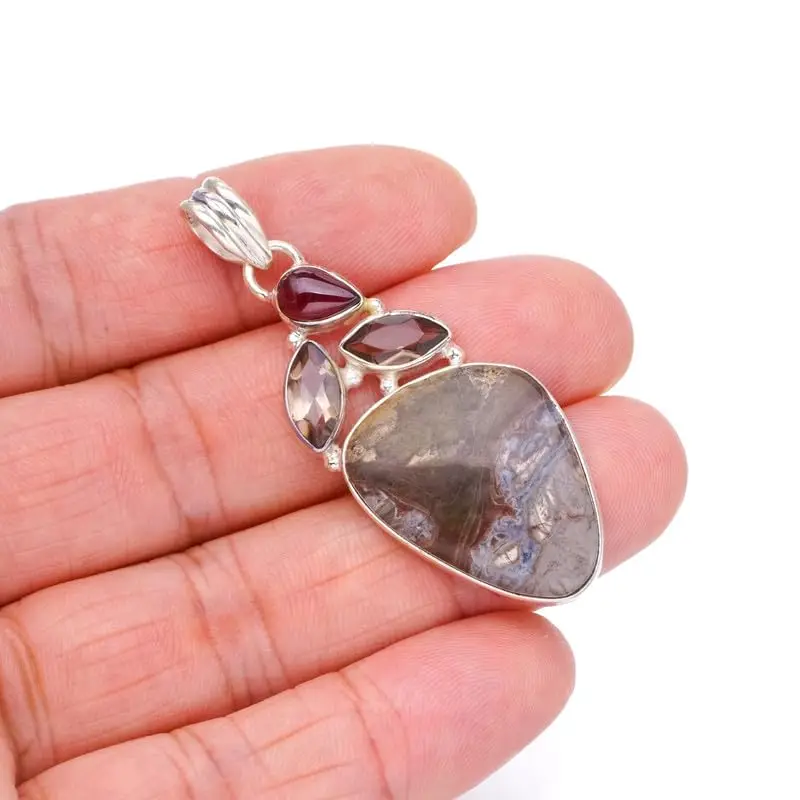 

StarGems Natural Ocean Jasper&Amethyst And Smoky Quartz Handmade 925 Sterling Silver Pendant 2" F6617