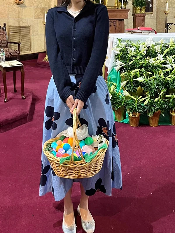 Blauwe Bloemenprint A-lijn Midi Rok Hoge Taille Drapey Zomer Herfst Nieuwe Sle Vrouwen Faion Pendelen Koreaanse Versie Rok